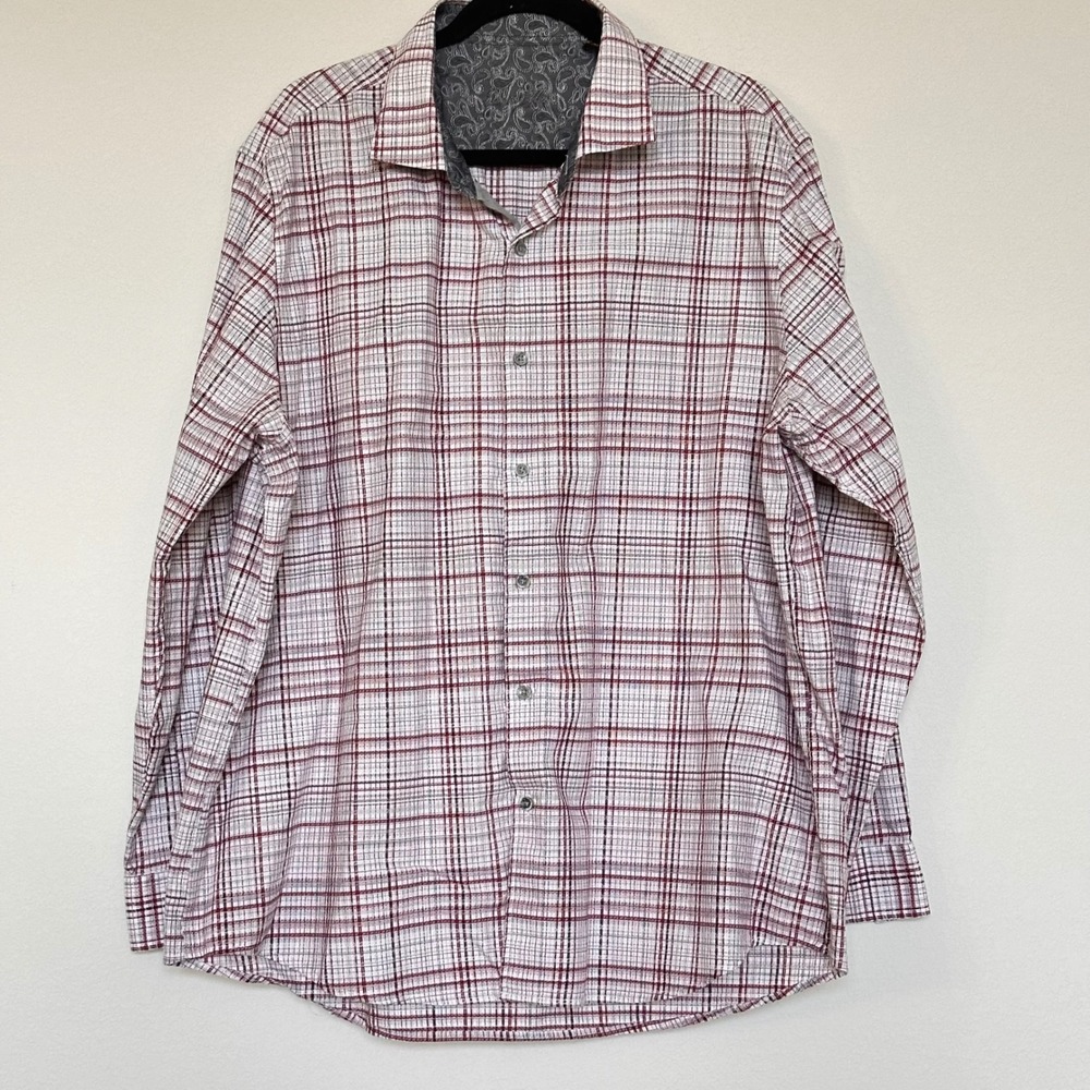Tasso Elba Mens XXL Red White Plaid Cotton Button Down Shirt Paisley Trim